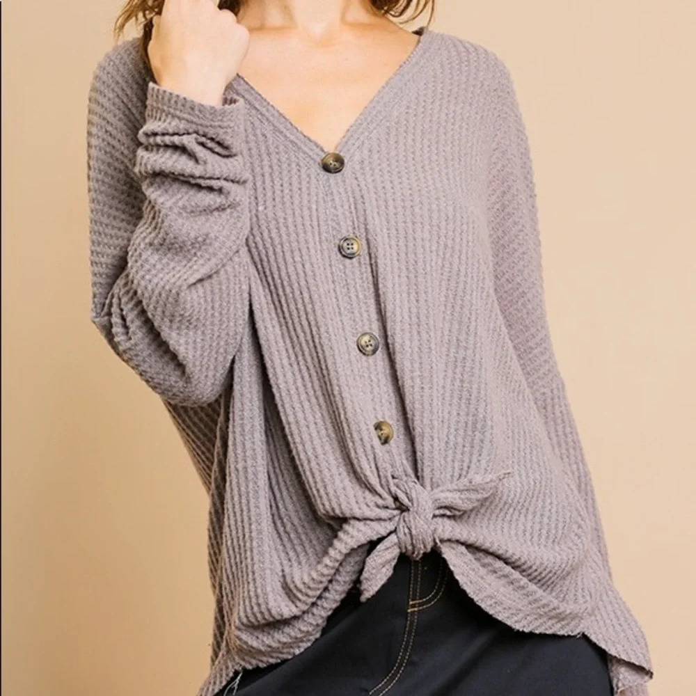NWT Umgee Boutique long sleeve waffle knit button up top mocha brown neutral